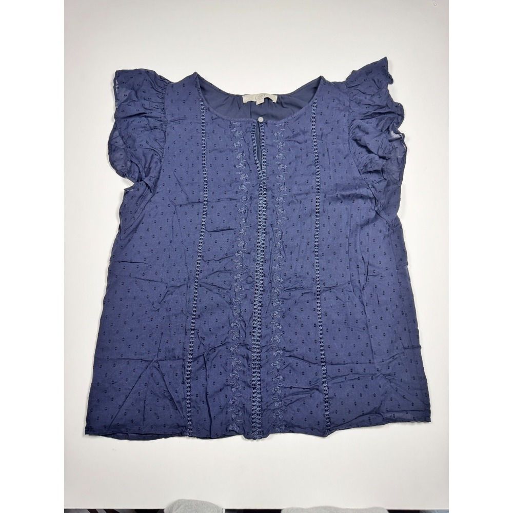 Loft Blouse Top Women Large Navy Blue Swiss Dot Flutter Sleeve Crochet Lace Trim